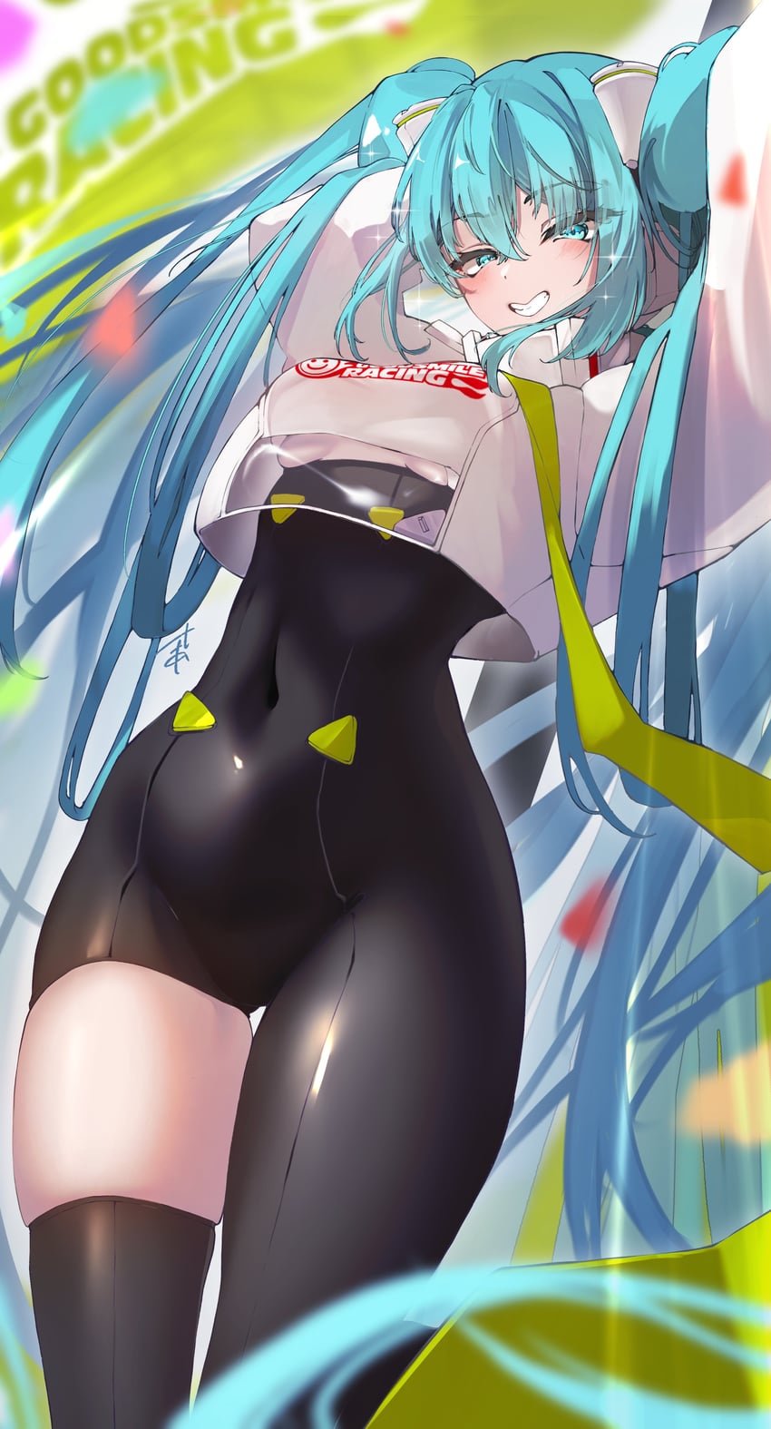 VOCALOID、初音未来 1名女孩 替换服装 水色瞳 水色发 黑色过膝袜