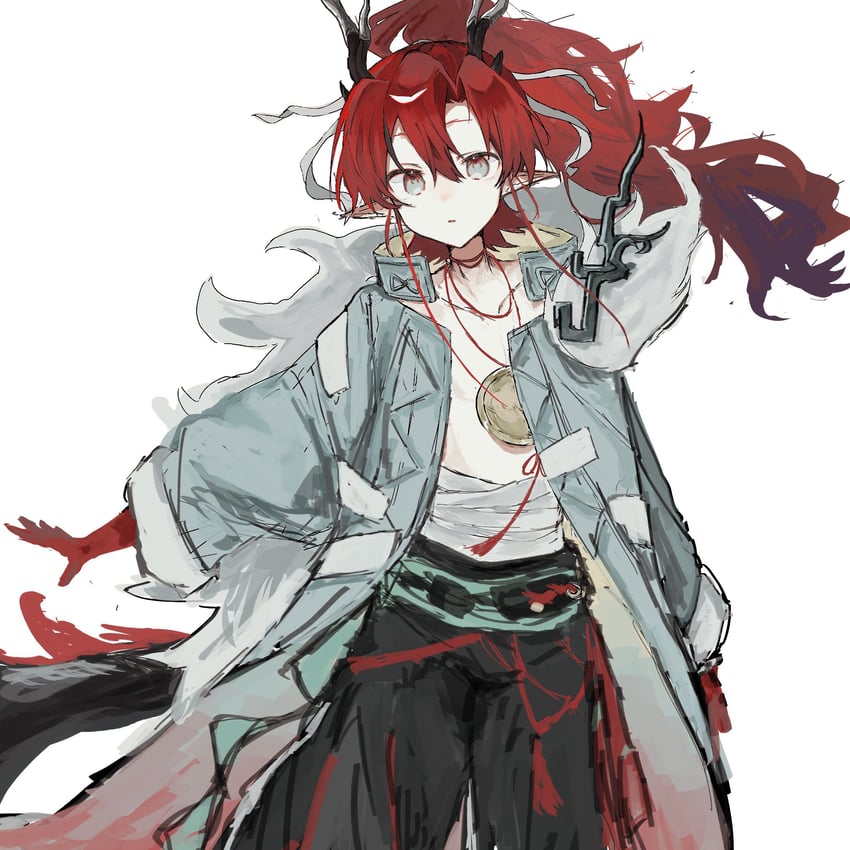 音律联觉、明日方舟、yu (ambience synesthesia 2026) (arknights) 1名男孩 缠绷带的躯干 黑角 黑裤子 中国结