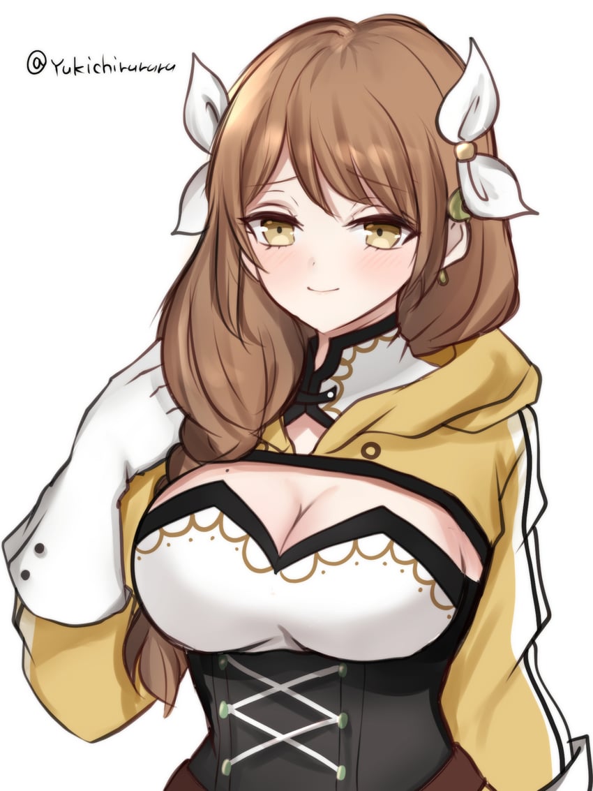 火焰纹章、火焰纹章 结合、戈尔德玛莉 (火焰之纹章) 1名女孩 黑色紧身胸衣 乳房 棕眼睛 棕发