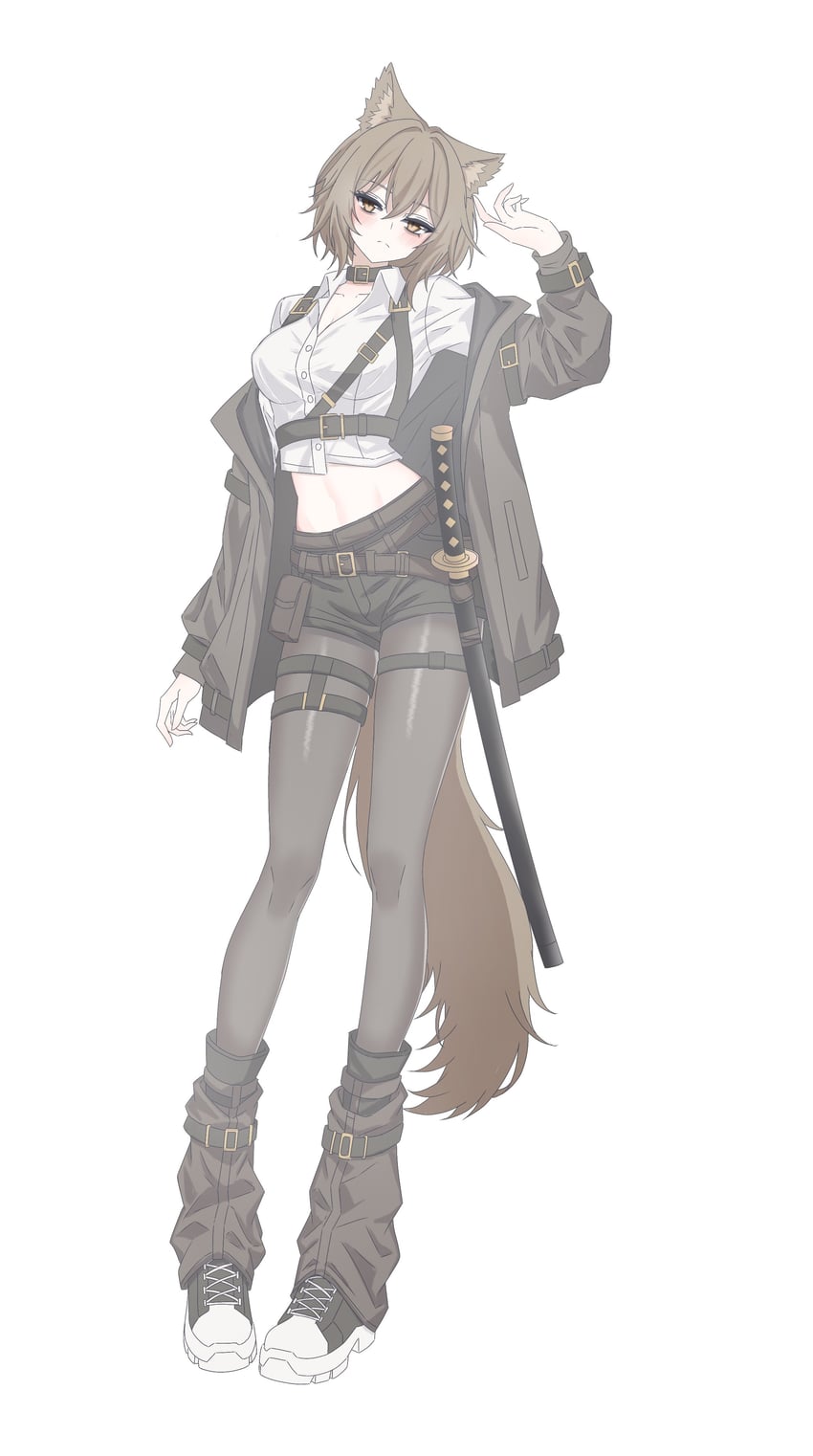 原创 1名女孩 兽耳 腰带 黑色连裤袜 黑色短裤