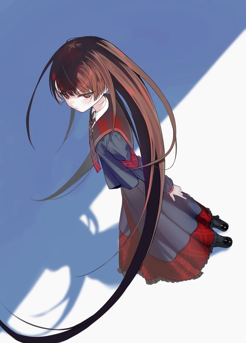 魔法少女的小镇审判、二阶堂博 臂章 黑发 黑色裙子 有领衬衫 俯视