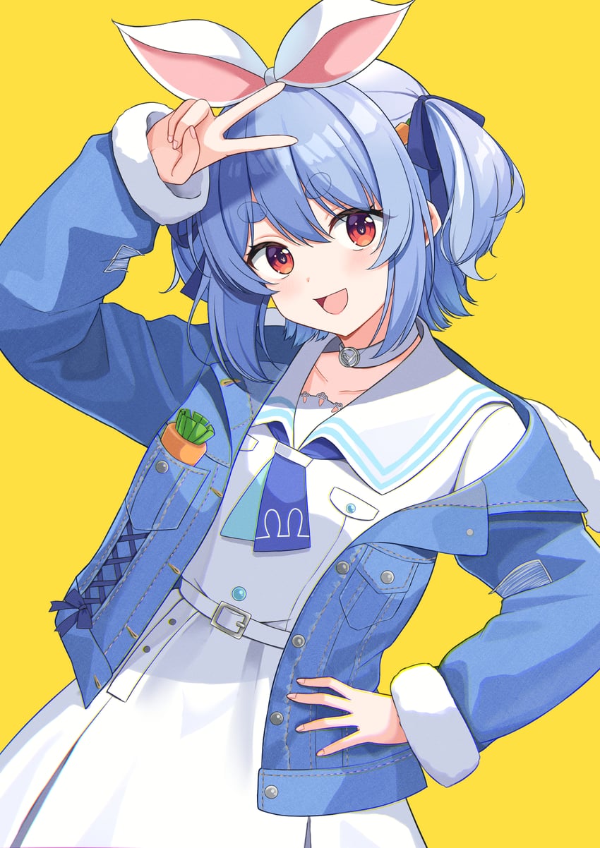 Hololive、兔田佩克拉、兔田佩克拉 (私服) 1名女孩 :D 腰带 蓝色夹克 蓝色丝带