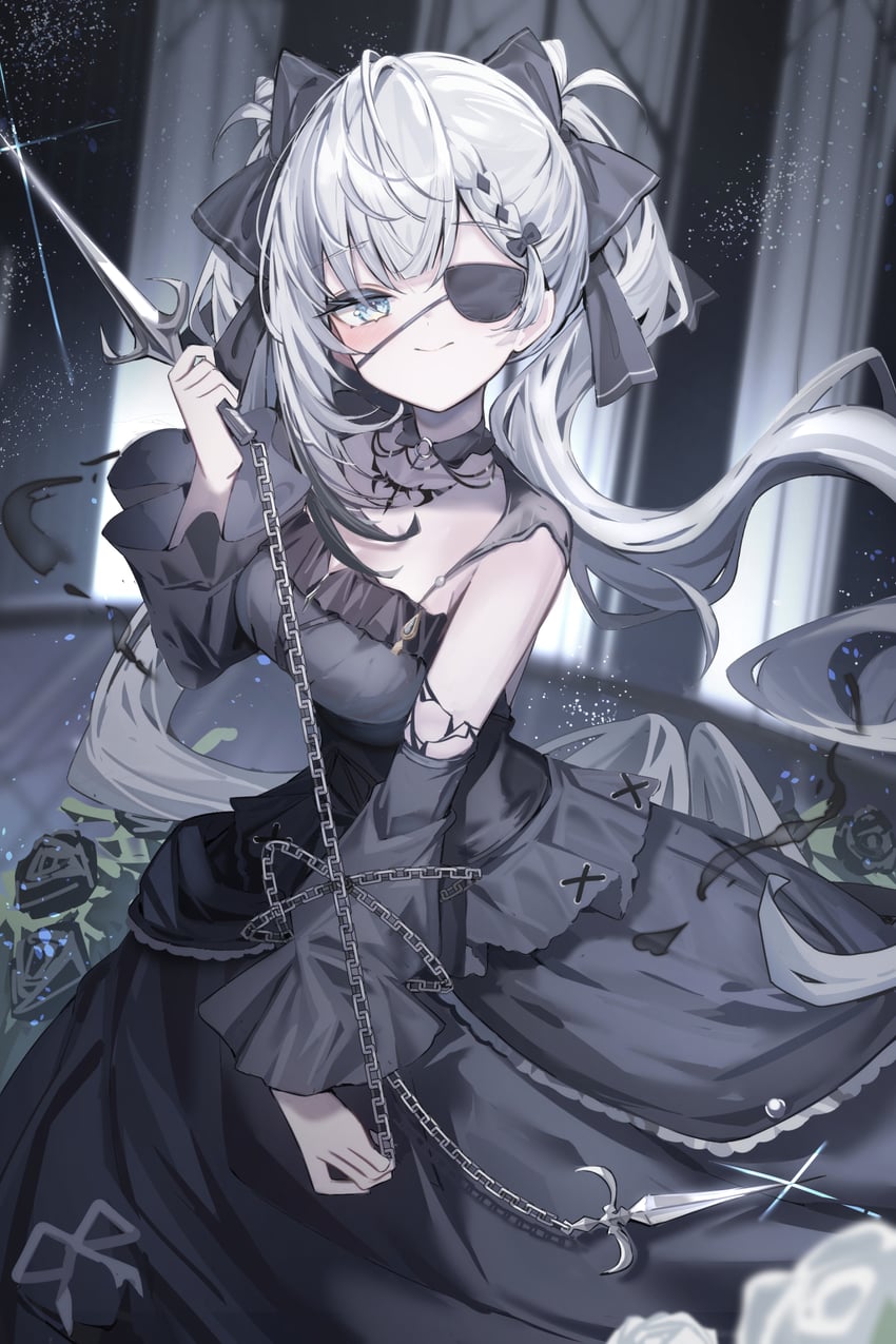Hololive、Hololive Indonesia、薇丝提亚·泽塔 1名女孩 黑色蝴蝶结 黑色连衣裙 黑花 黑玫瑰