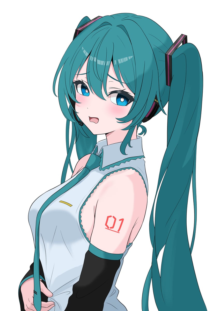 VOCALOID、初音未来 1名女孩 水色发 水蓝色饰边 露肩 黑色袖子
