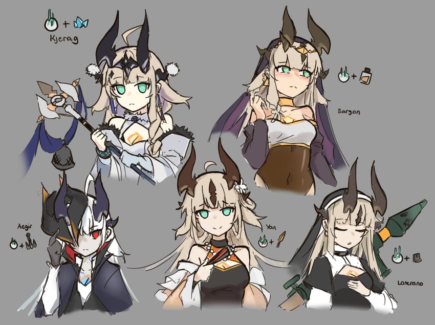 明日方舟、歌蒂 (明日方舟)、苇草 1名女孩 替换服装 金发 脸红 闭眼