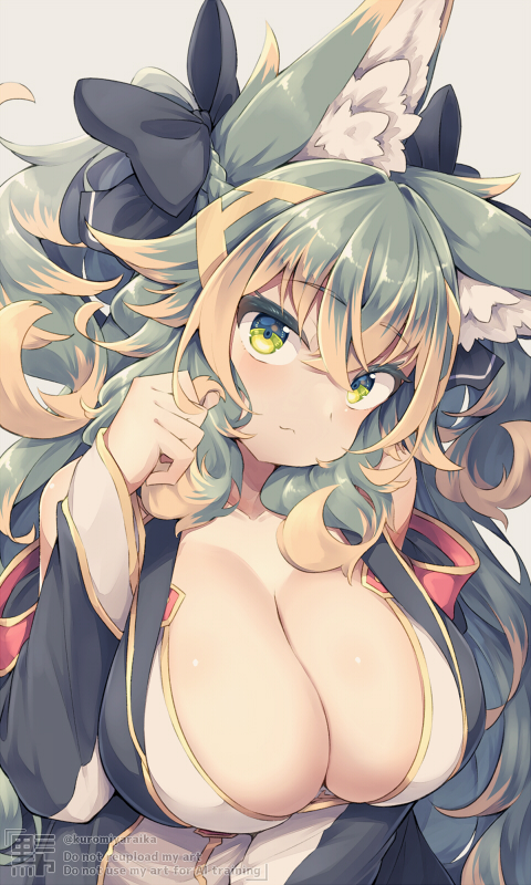 原创、黑宫来夏 1名女孩 兽耳毛 兽耳 黑色蝴蝶结 脸红