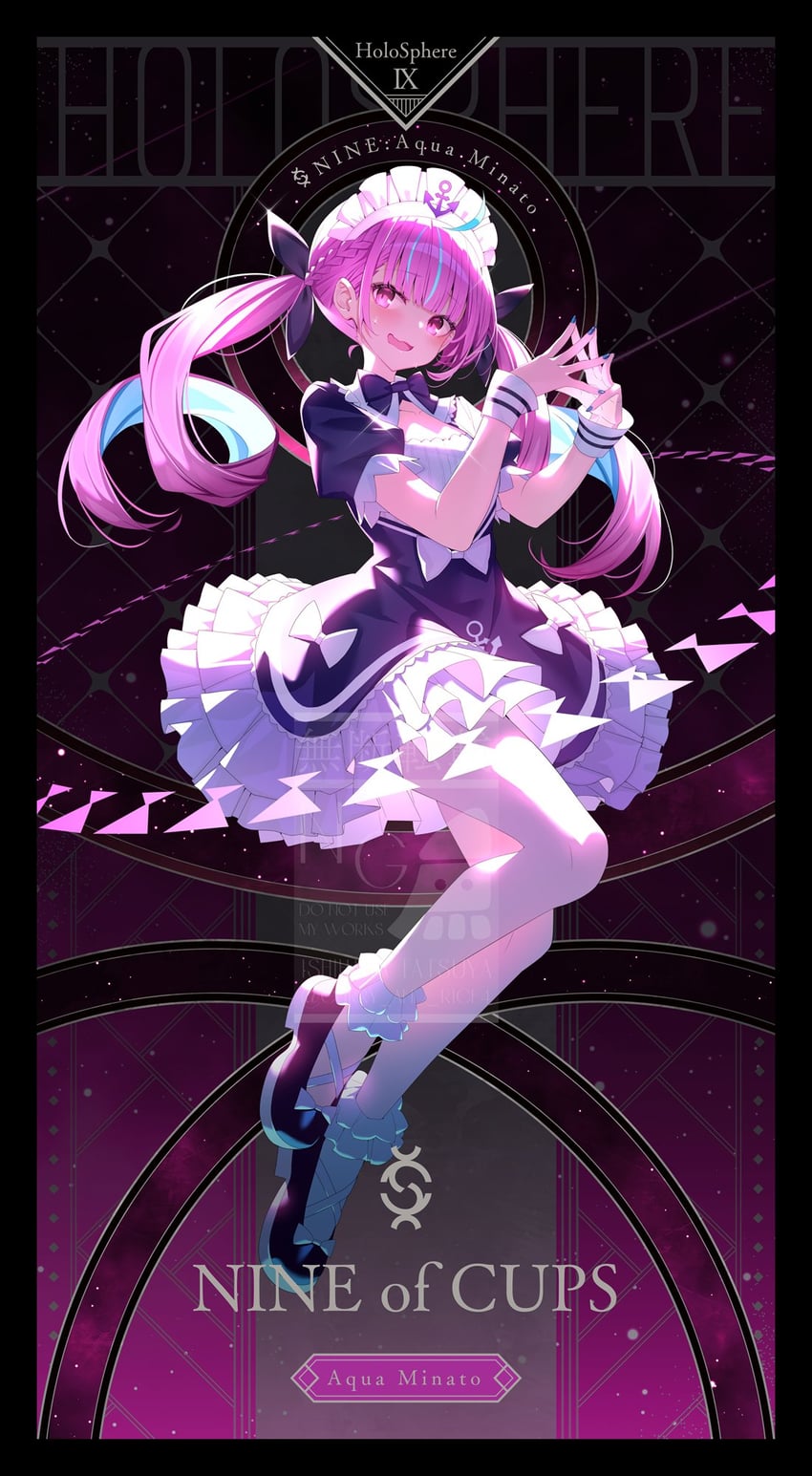Hololive、凑阿库娅、凑阿库娅 (第一套服装) 1名女孩 呆毛 锚点印花 脚镣 水色发