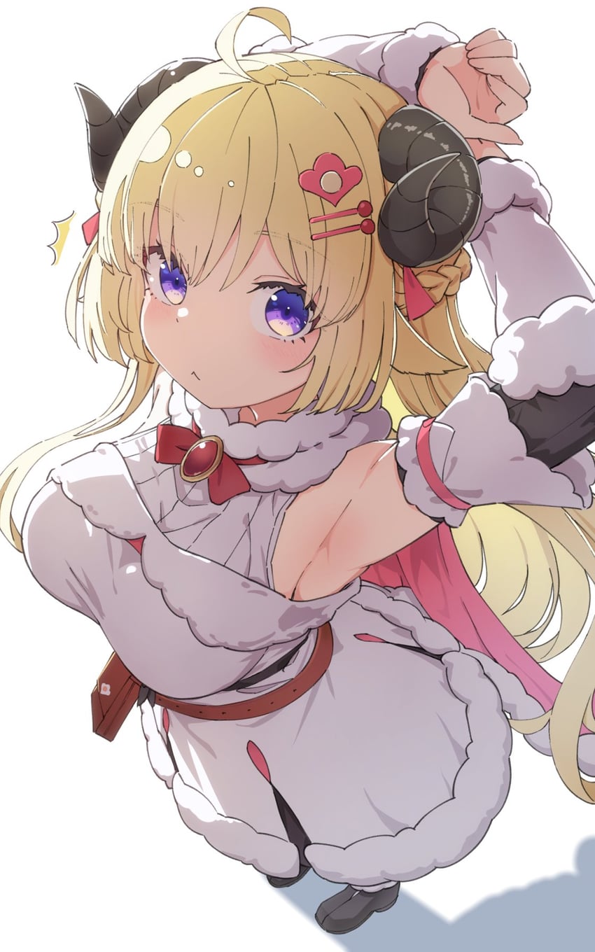 Hololive、角卷绵芽、角卷绵芽 (初始服装) 1名女孩 呆毛 兽耳 腋下 双手抱头
