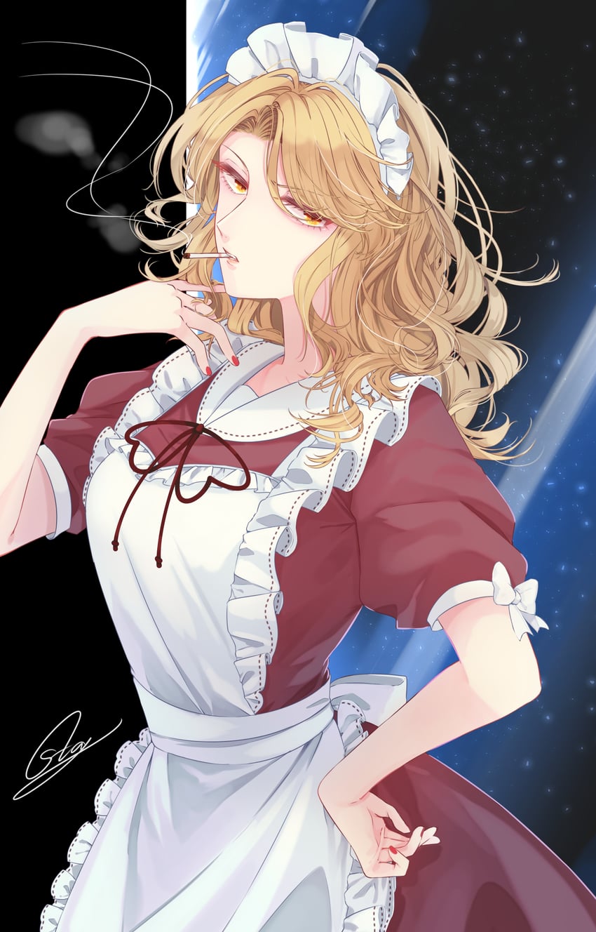 东方Project、东方Project (PC-98)、梦子 (东方Project) 1名女孩 围裙 举手 后背蝴蝶结 黑色背景