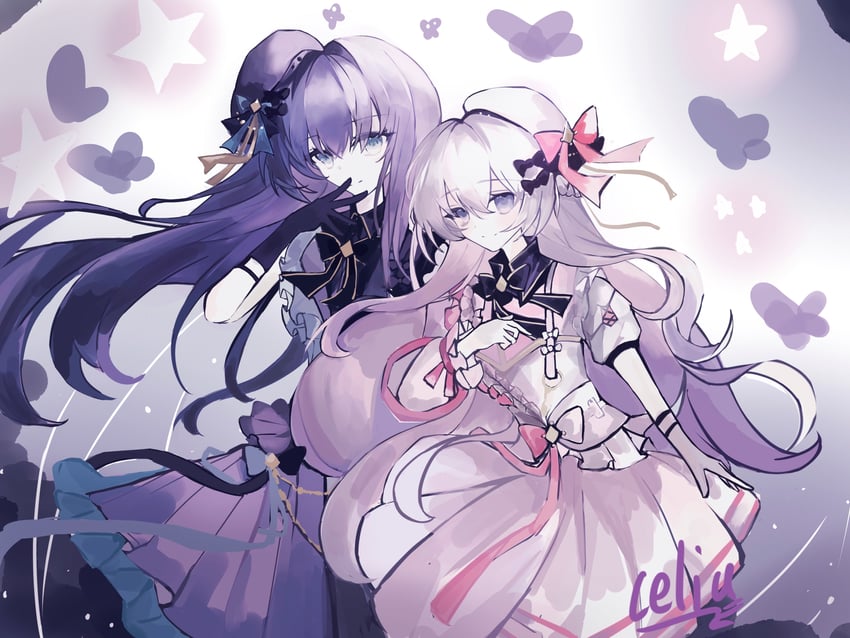 韵律源点 Arcaea、光 (Arcaea)、对立 (Arcaea) 2名女孩 :D 露肩 贝雷帽 黑色连衣裙
