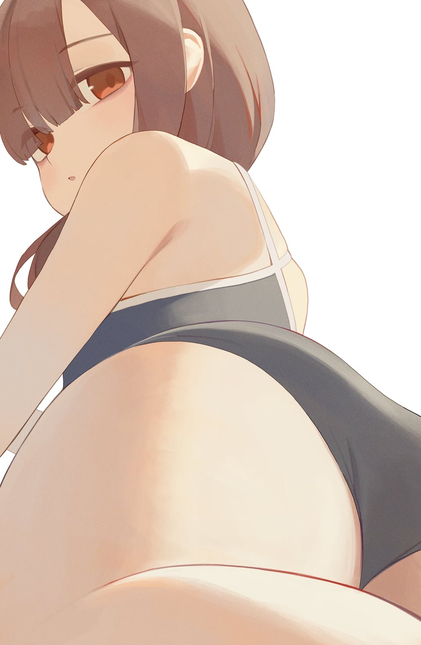 原创 1名女孩 屁股 黑色连体泳衣 齐刘海 棕眼睛