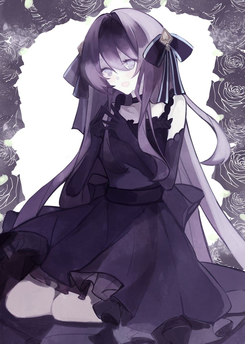 韵律源点 Arcaea、对立 (Arcaea)、对立 (奏鸣曲) (韵律源点) 1名女孩 露肩 黑色连衣裙 黑花 黑色手套