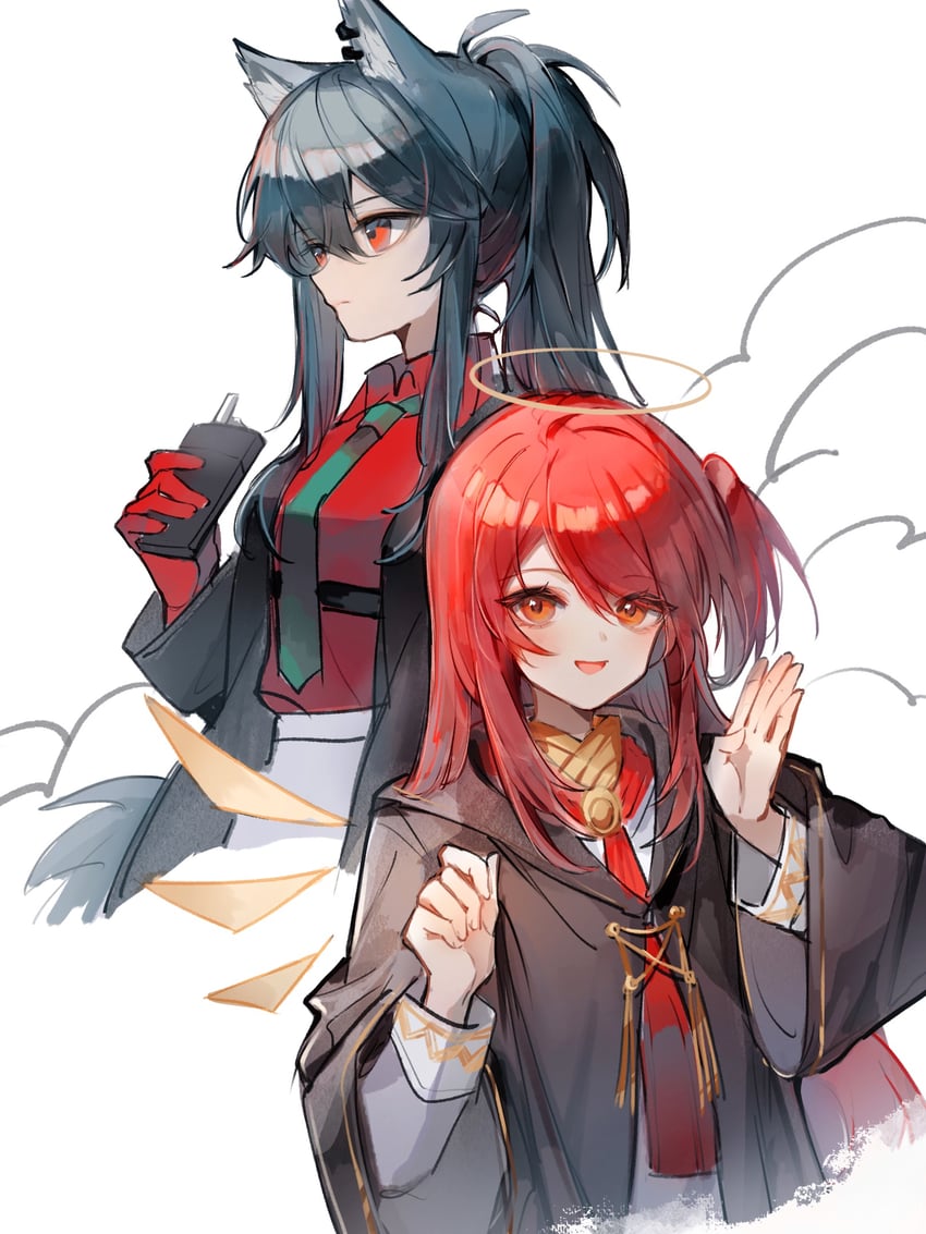 明日方舟、能天使 (明日方舟)、能天使 (少年) (明日方舟) 2名女孩 天使 天使翅膀 兽耳 黑发