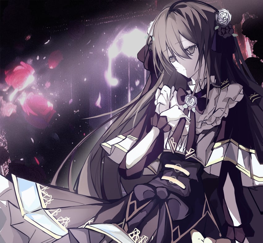 韵律源点 Arcaea、对立 (Arcaea)、对立 (Grievous Lady) (Arcaea) 1名女孩 围兜领 黑色蝴蝶结 黑色蝶形领结 黑色连衣裙