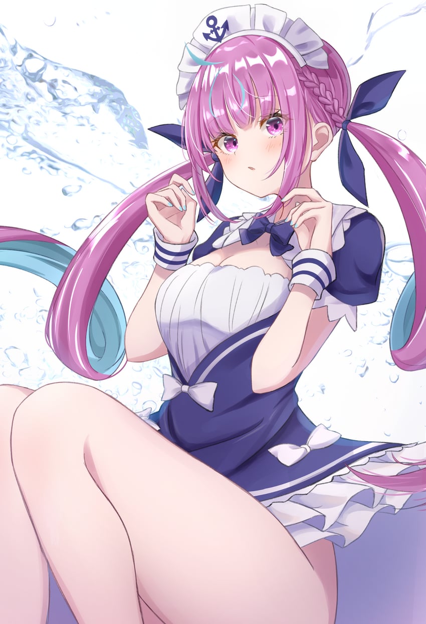 Hololive、凑阿库娅、凑阿库娅 (第一套服装) 1名女孩 呆毛 锚形帽饰 锚点印花 锚标志