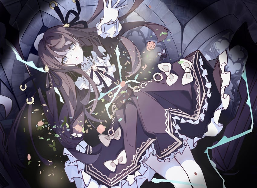 韵律源点 Arcaea、对立 (Arcaea)、对立（Axium）（音弧） 1名女孩 围兜领 黑色连衣裙 黑发 黑色丝带