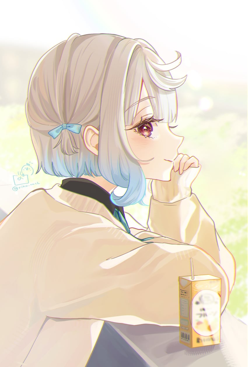 二次元插画 1名女孩 蓝发 蝴蝶结 闭嘴 侧视