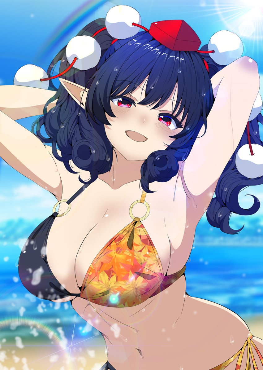 东方Project、射命丸文 1名女孩 替换服装 腋下 举起双手 海滩