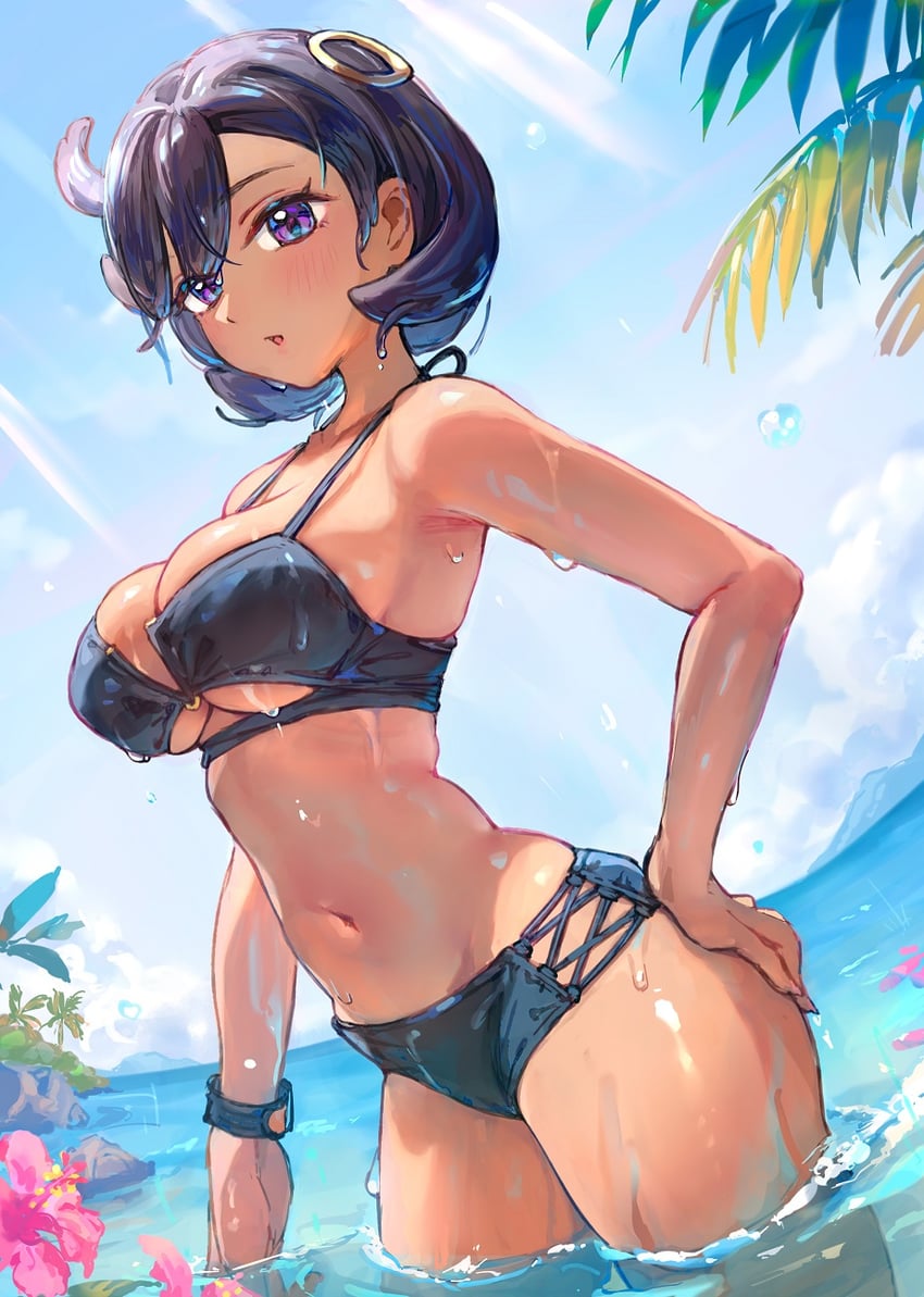 宝可梦、宝可梦传说：Z-A、玛琪艾儿 (精灵宝可梦) 1名女孩 比基尼 黑色比基尼 黑发 蓝天