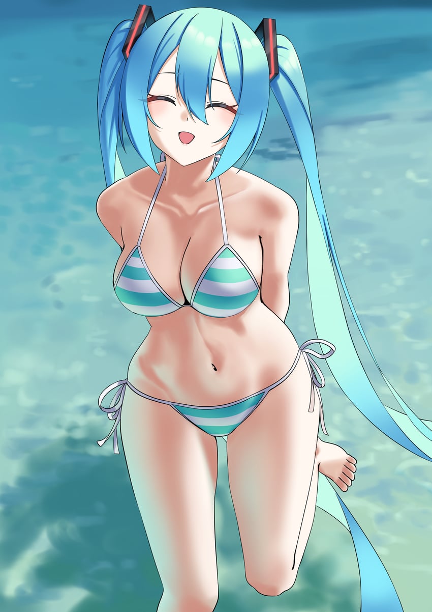 VOCALOID、初音未来 1名女孩 水色发 双手背在身后 海滩 比基尼
