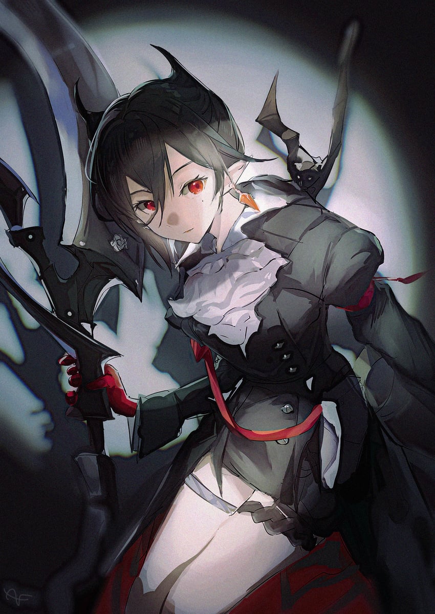 明日方舟、隐现 (明日方舟) 1名女孩 阿斯科特领巾 黑色连衣裙 黑发 黑色夹克