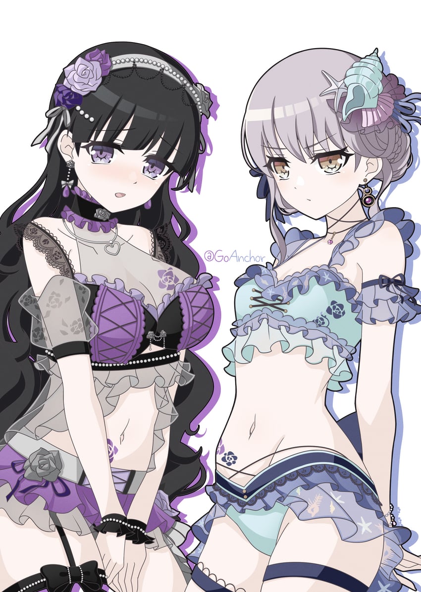 BanG Dream!、少女乐团派对！、凑友希那 2名女孩 黑发 黑色护腕 蓝色背景 手链