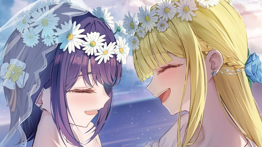 超辉夜姬!、辉夜 (超辉夜姬!)、坂寄伊吕波 2名女孩 露肩 金发 蓝花 辫子