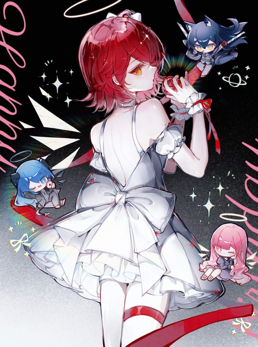 明日方舟、能天使 (明日方舟)、蕾缪安 (明日方舟) 4个女孩 苹果 裸背 蝴蝶结 闭嘴