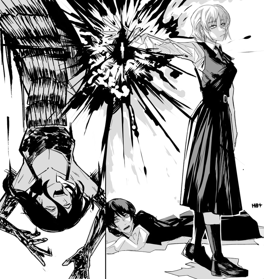 死亡恶魔（电锯人）、饥荒 (电锯人)、三鹰亚沙 3人女子 围裙 靴子 乳房 有领衬衫