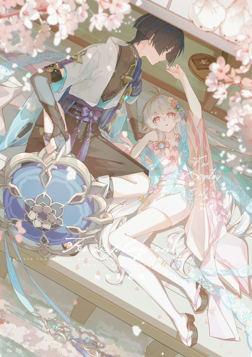 原神、原创、早见桃 (hayamimomo) 1名男孩 1名女孩 呆毛 举手 铠甲