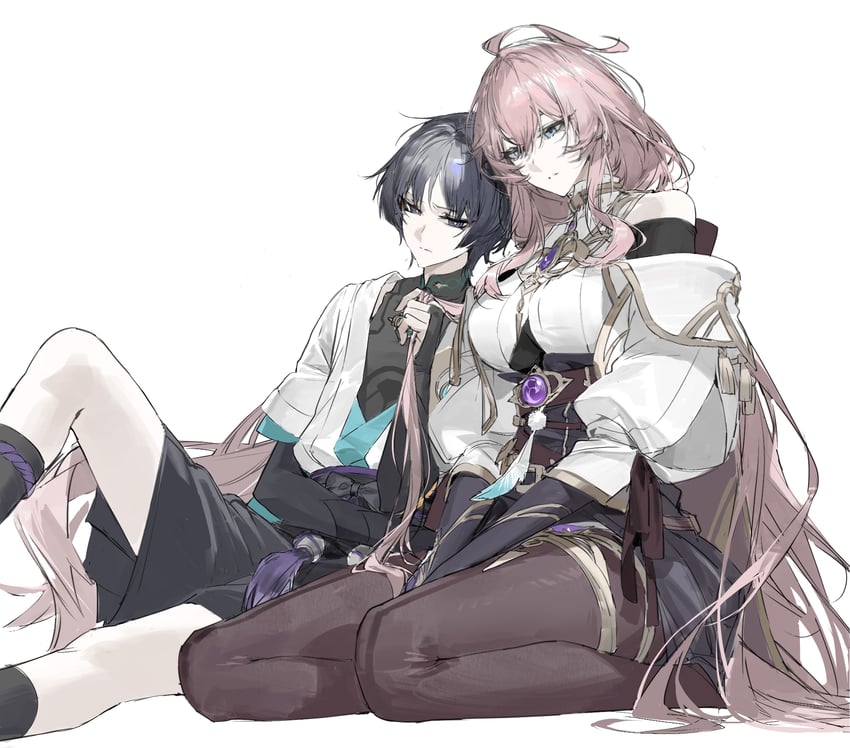 原神、原创、散兵 (原神) 1名男孩 1名女孩 呆毛 铠甲 露肩