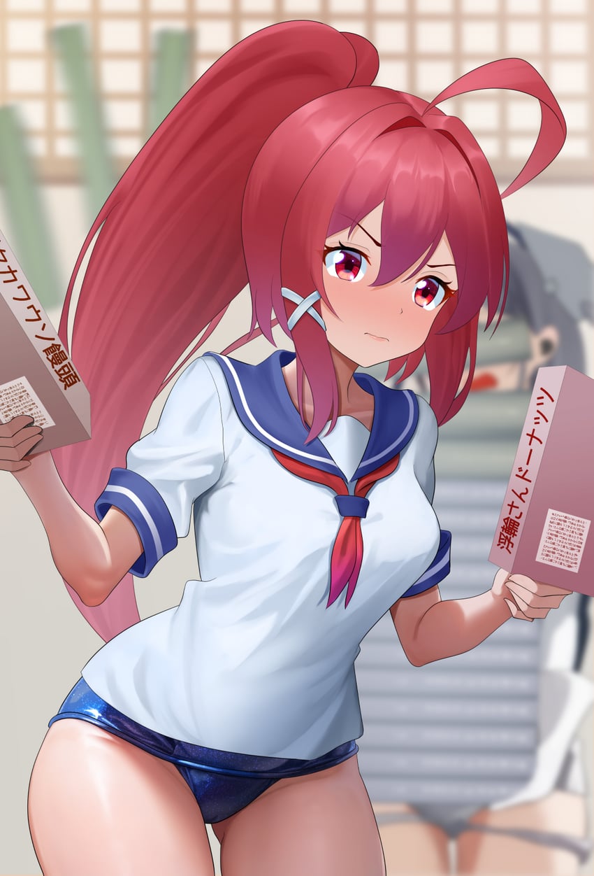 舰队Collection、伊168 (舰队Collection)、斯坎普 2名女孩 呆毛 蓝色连体泳衣 蓝色水手服 模糊