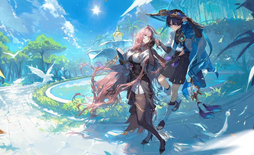 原神、原创、散兵 (原神) 1名男孩 1名女孩 呆毛 风元素标志 (原神) 铠甲
