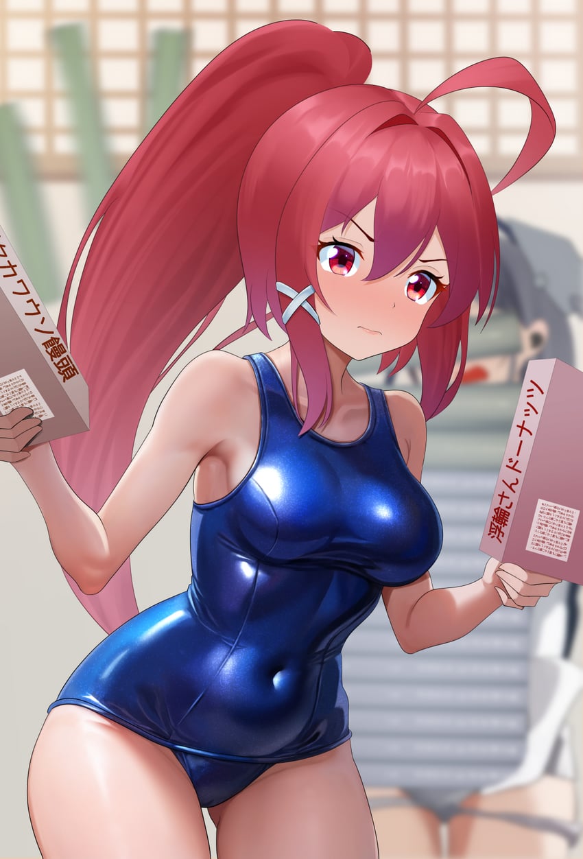 舰队Collection、伊168 (舰队Collection)、斯坎普 2名女孩 呆毛 蓝色连体泳衣 模糊 模糊背景