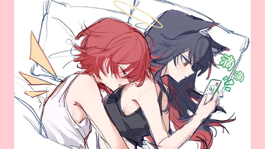 明日方舟、能天使 (明日方舟)、德克萨斯 (明日方舟) 天使 天使翅膀 兽耳 裸臂 黑发