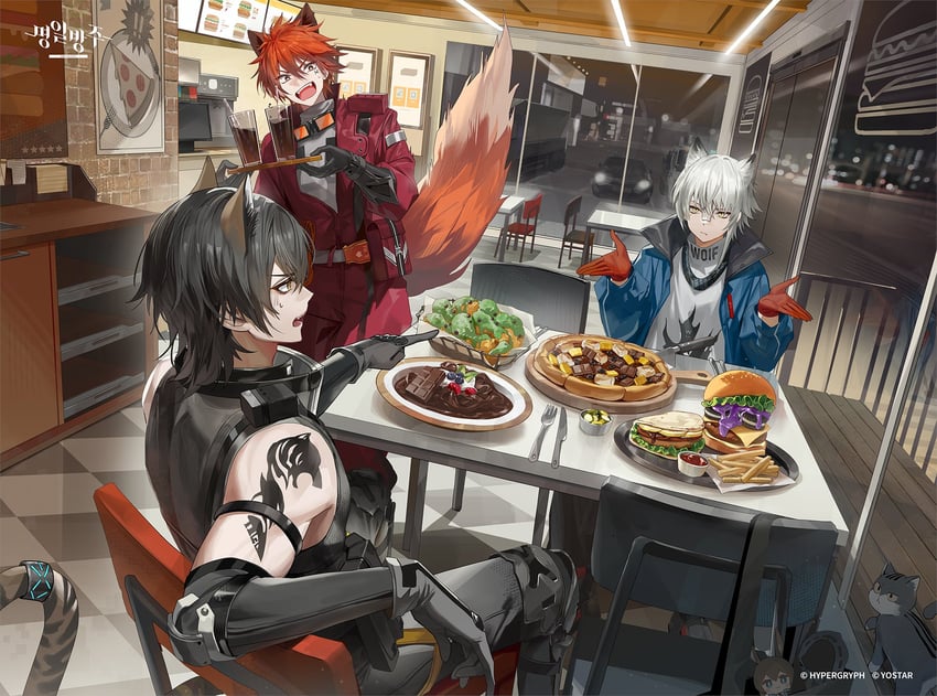 明日方舟、阿米娅 (明日方舟)、奥斯塔 (明日方舟) 3个男孩 生气 兽耳 包 黑猫