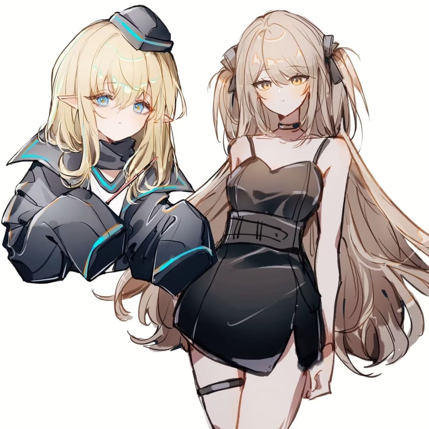 明日方舟、塞茜莉亚 (明日方舟)、杜林 (明日方舟) 2名女孩 裸臂 黑色夹克 金发 蓝眼