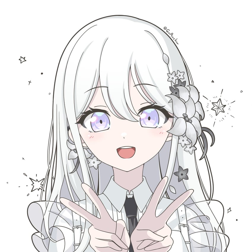 BanG Dream!、BanG Dream! Our Notes、汐见萤 1名女孩 黑色领带 蓝眼 双手V手势 发丝垂在眼睛之间