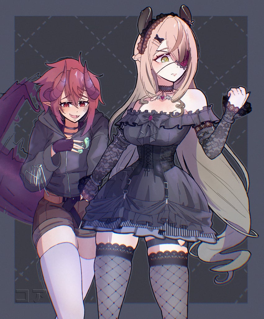 个人势虚拟主播、Grape (VTuber)、尼米梦魇 2名女孩 兽耳 露肩 黑色连衣裙 黑色头饰
