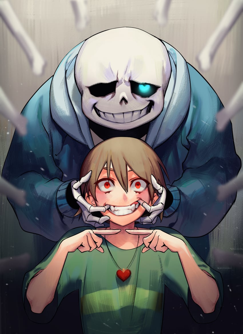 传说之下、Undertale/Deltarune、恰拉 (Undertale) 1名男孩 1个其他角色 中性 蓝色夹克 模糊