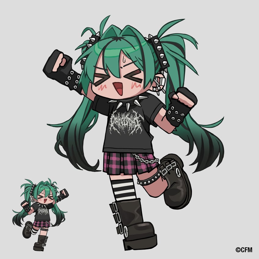VOCALOID、初音未来 1名女孩 闭眼挤眼 水色发 黑色靴子 黑领