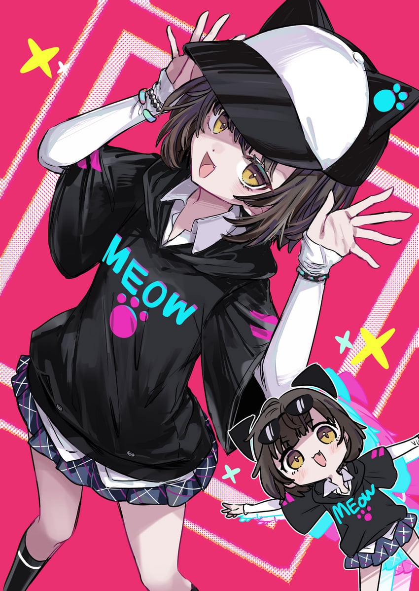 电音部、itadaki babel (denonbu)、黑铁珠 1名女孩 棒球帽 黑色卫衣 黑袜 蓝裙子