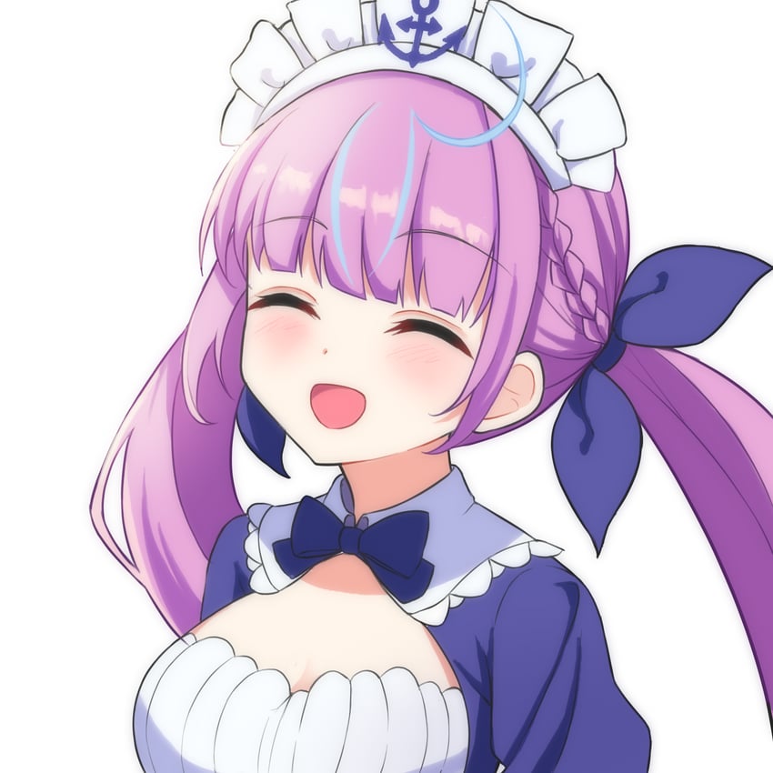 Hololive、凑阿库娅、凑阿库娅 (第一套服装) 1名女孩 蓝色蝴蝶结 蓝色领结 蓝色挑染 脸红