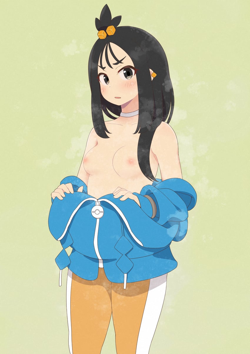 宝可梦、宝可梦传说：Z-A、丽多 (宝可梦) 1名女孩 黑发 蓝色连帽衫 脸红 乳房