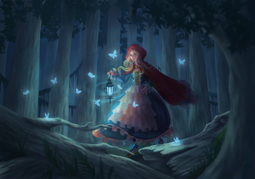 原创 1名女孩 金发 蓝蝴蝶 蓝色连衣裙 虫子