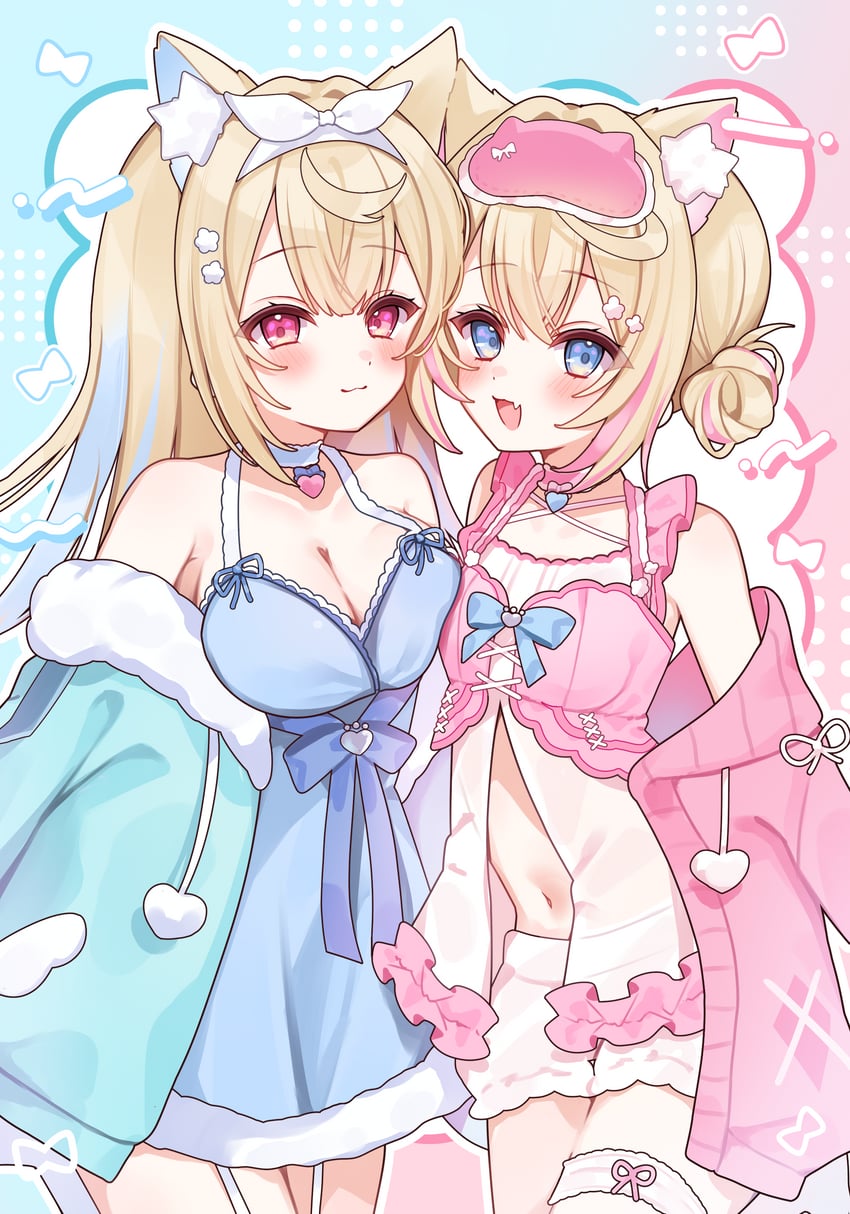 Hololive、Hololive英语、芙华瓦·阿比斯嘉德 2名女孩 兽耳毛 兽耳 非对称对接 娃娃装睡衣