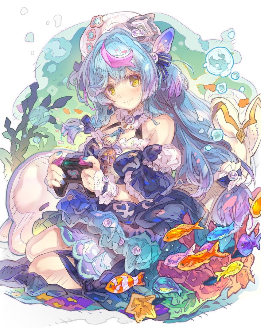 二次元插画 1名女孩 蓝发 控制器/手柄 连衣裙 游戏手柄