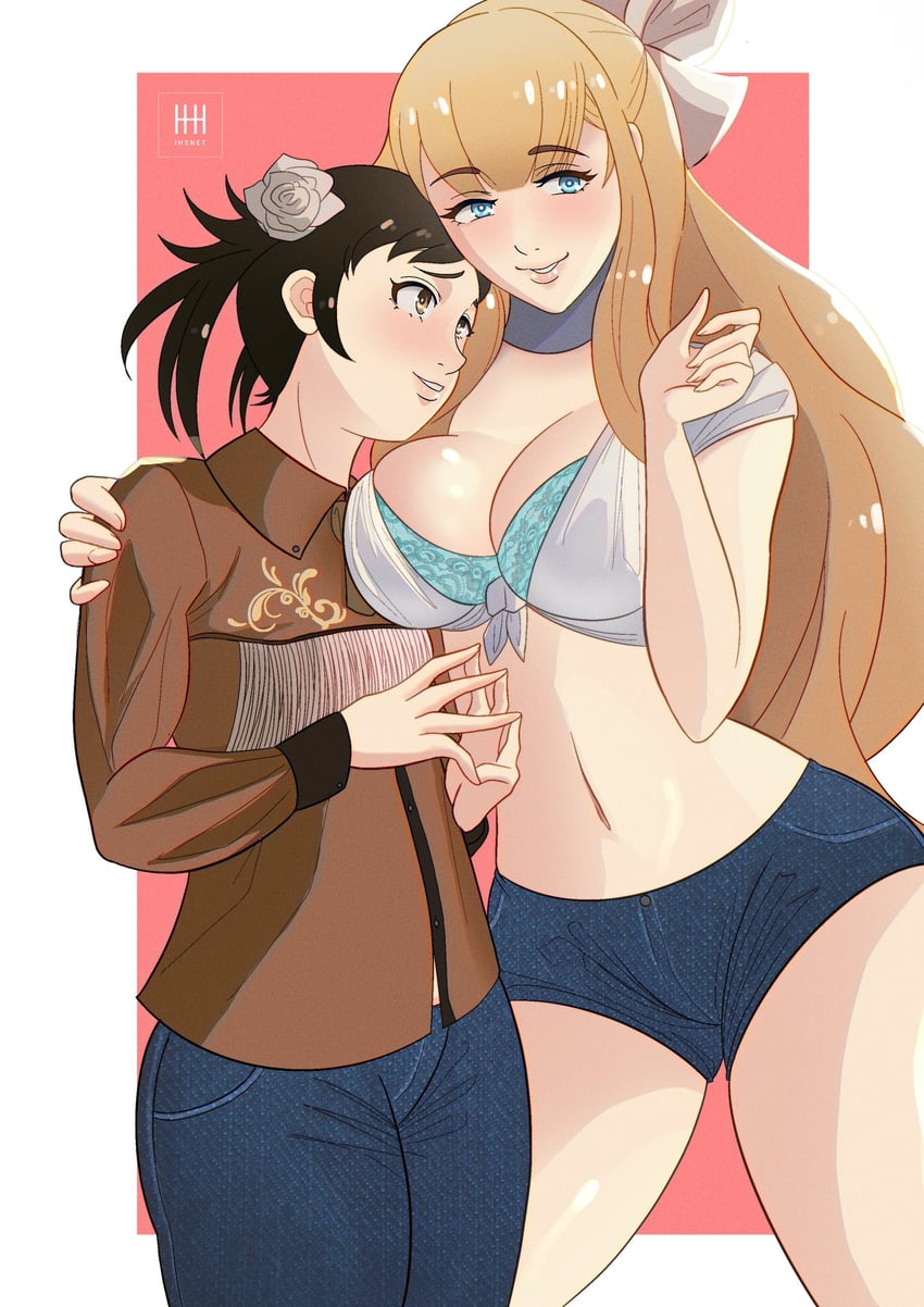 火焰纹章、火焰之纹章：if、夏洛特 (火焰之纹章) 2名女孩 蓝眼 边框 蝴蝶结 乳房