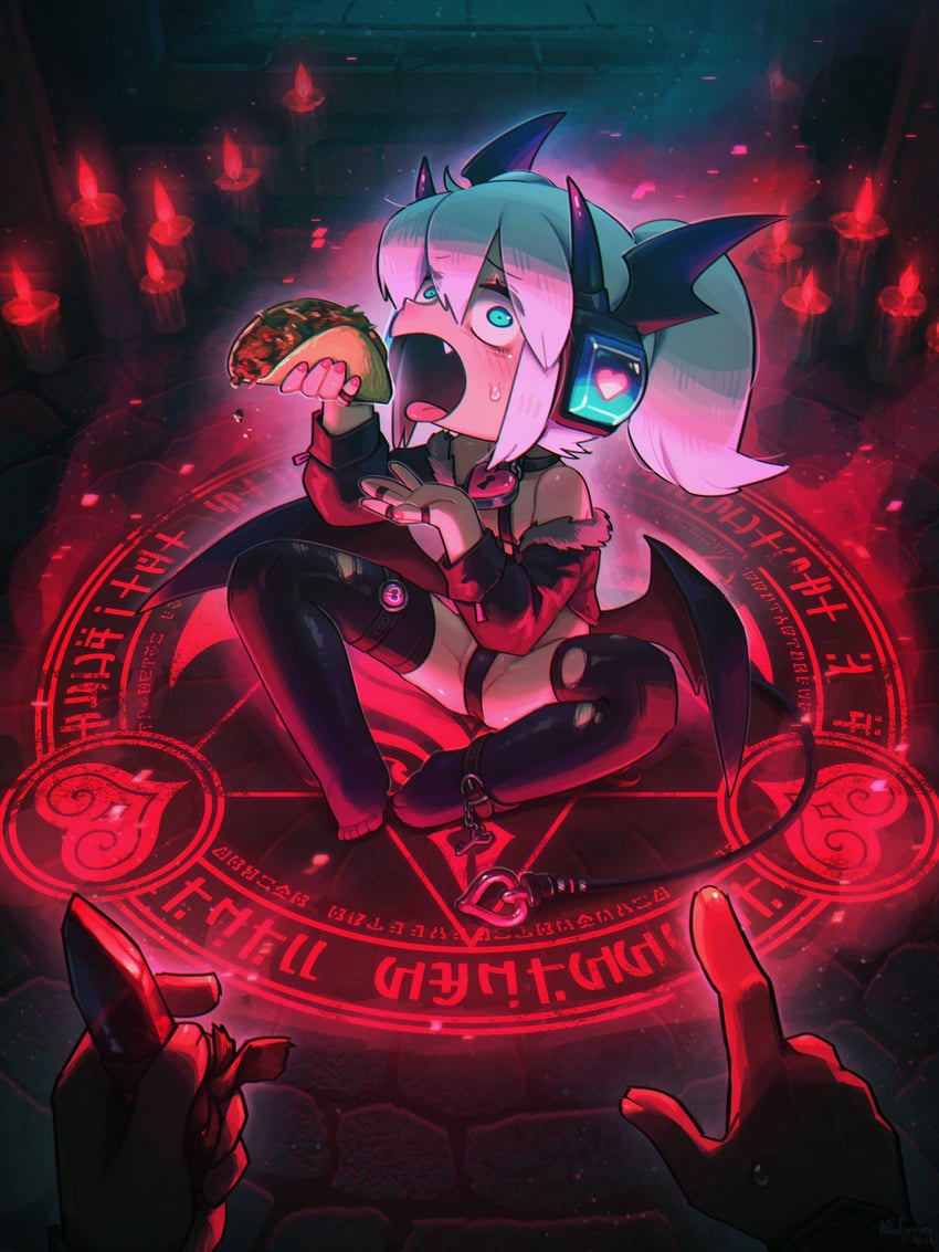 原创 1名女孩 黑色项圈 黑角 黑色夹克 黑色过膝袜