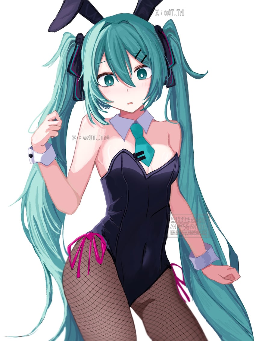 VOCALOID、初音未来 1名女孩 兽耳 水色瞳 水色发 水蓝色领带